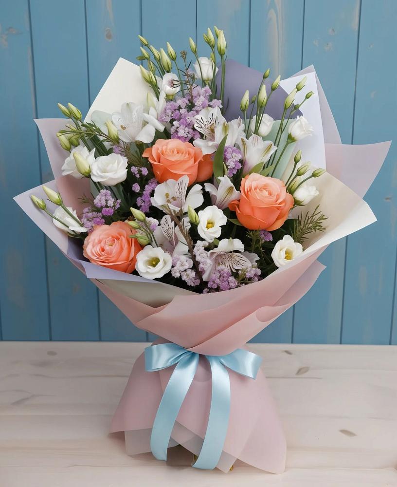 Букет цветов из: Лизиантусы, Розы, Альстромерии и Гипсофила в Ставрово