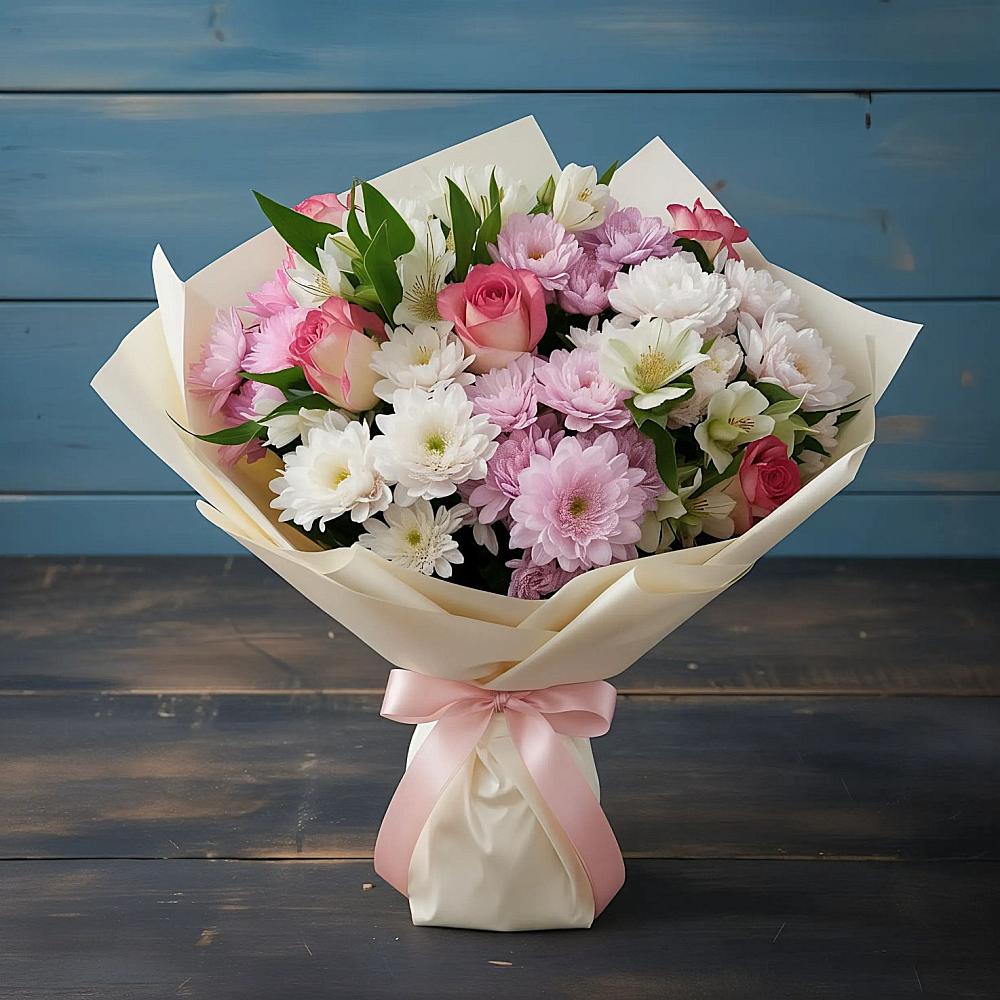 Букет цветов из: Хризантемы, Альстромерии и Розы в Ставрово